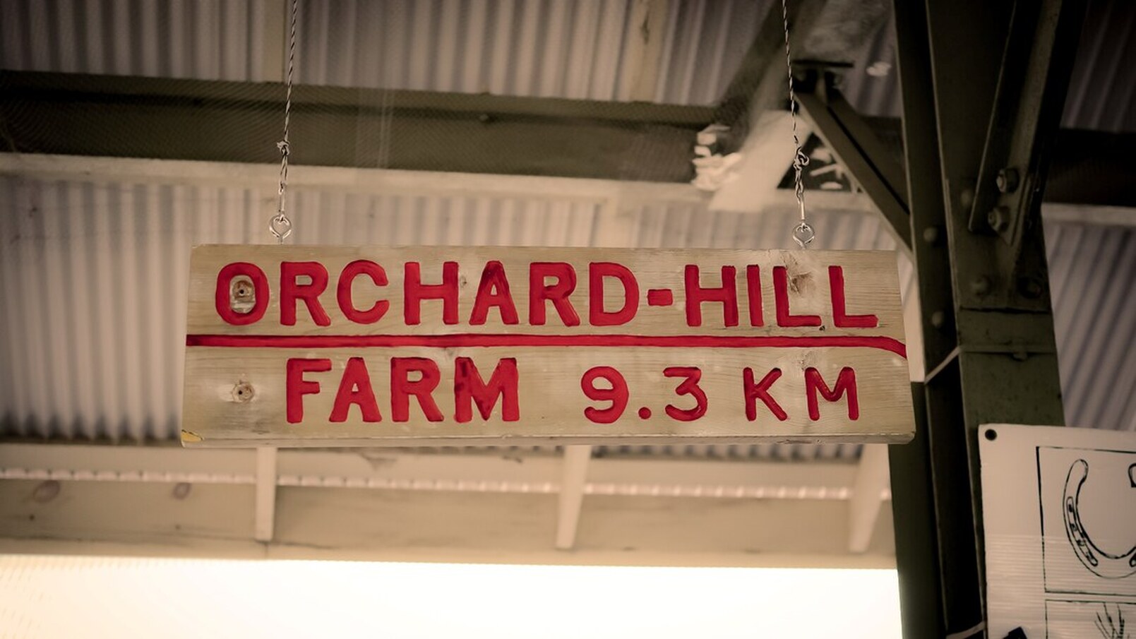 Here is a sign for Orchard Hill Farm. The lettering is painted in bridge red and is painted on a wood plank. It is hanging from the ceiling of the Horton Farmers' Market pavilion.