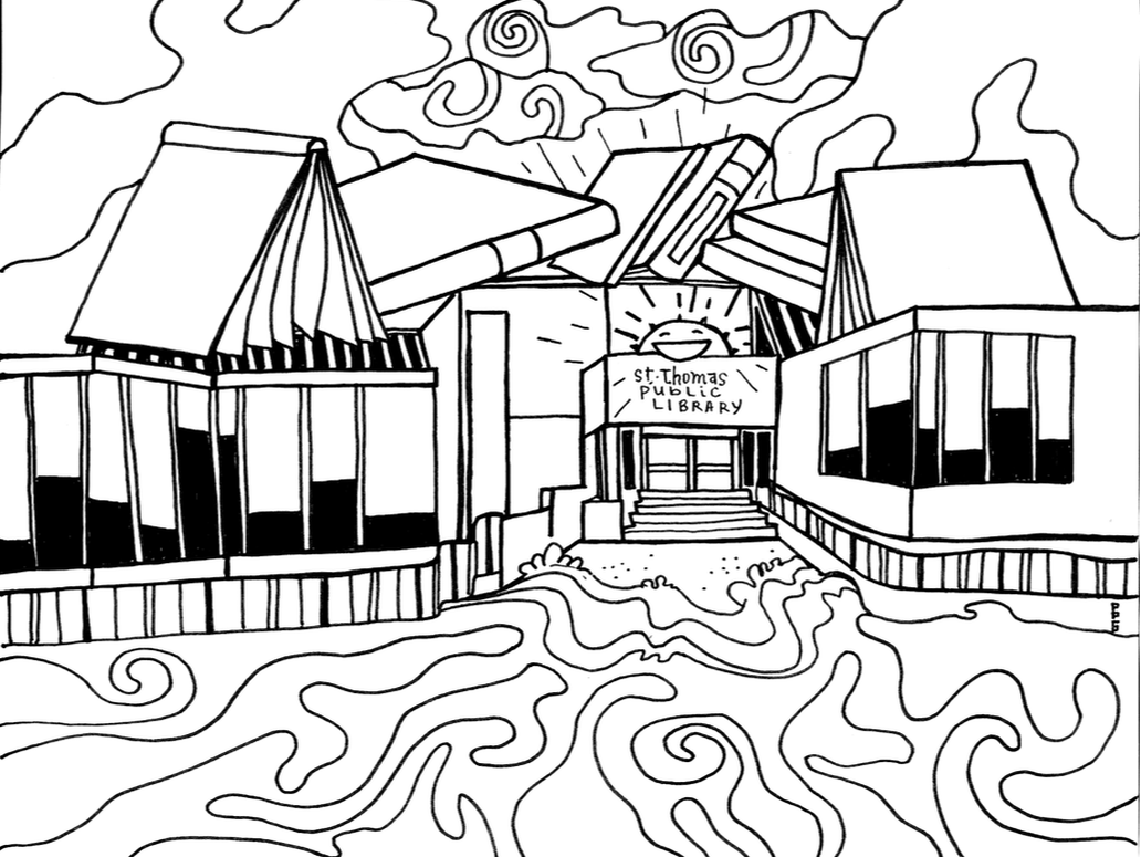 A colouring page of the St. Thomas Public Library. In the middle of the page is the front door to the building. Above the door is a smiling sun. On either side of the door is the building with windows. On top of the building are books. The sky and the ground are filled with swirls.