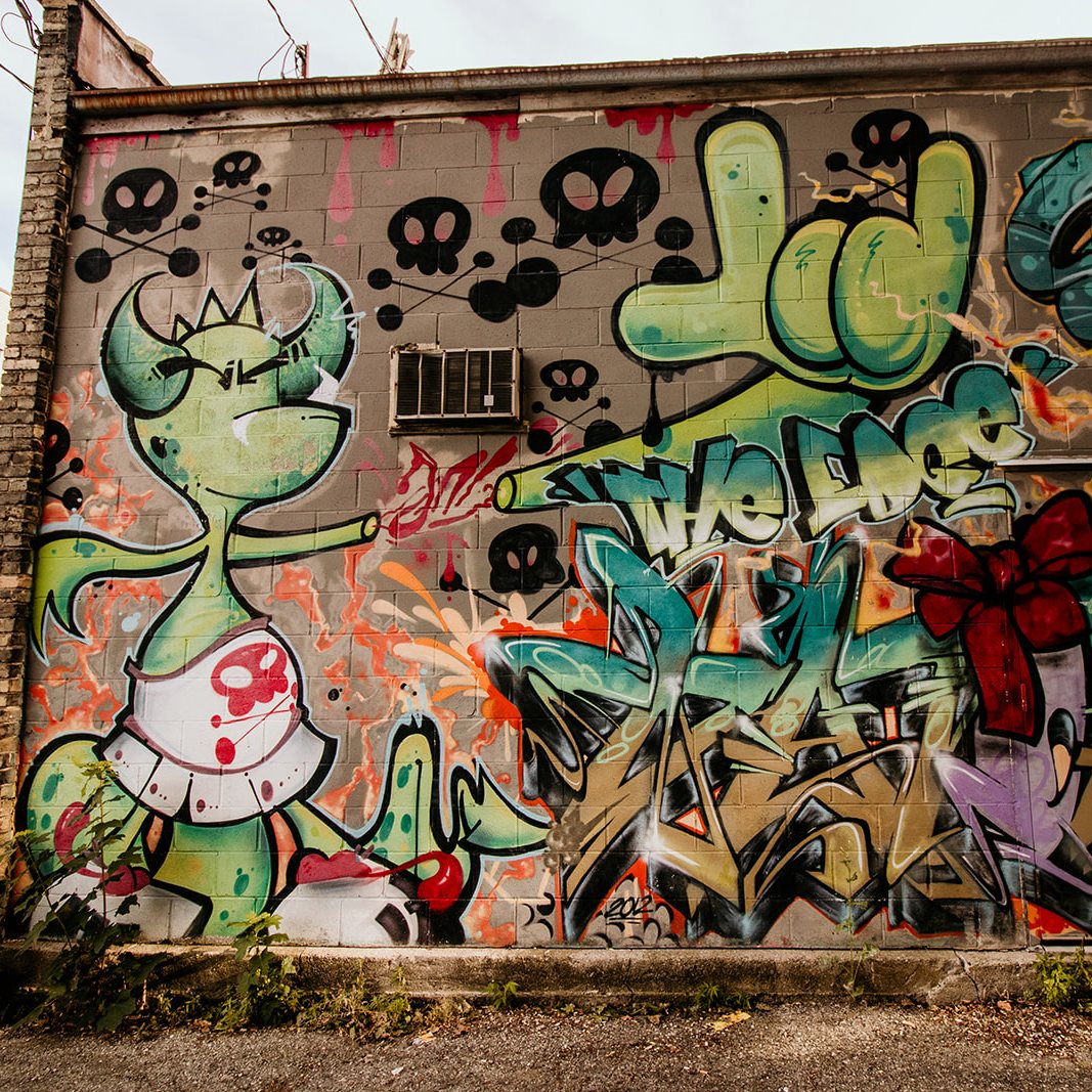 This is an image of a graffiti like mural. To the bottom left of the mural is a cartoon like dragon with a white skirt with a red skull on it. To the right bottom corner there are graffiti symbols in the brown, turquoise, burgundy, and light green. At the top are black skulls with red drips from the roof.