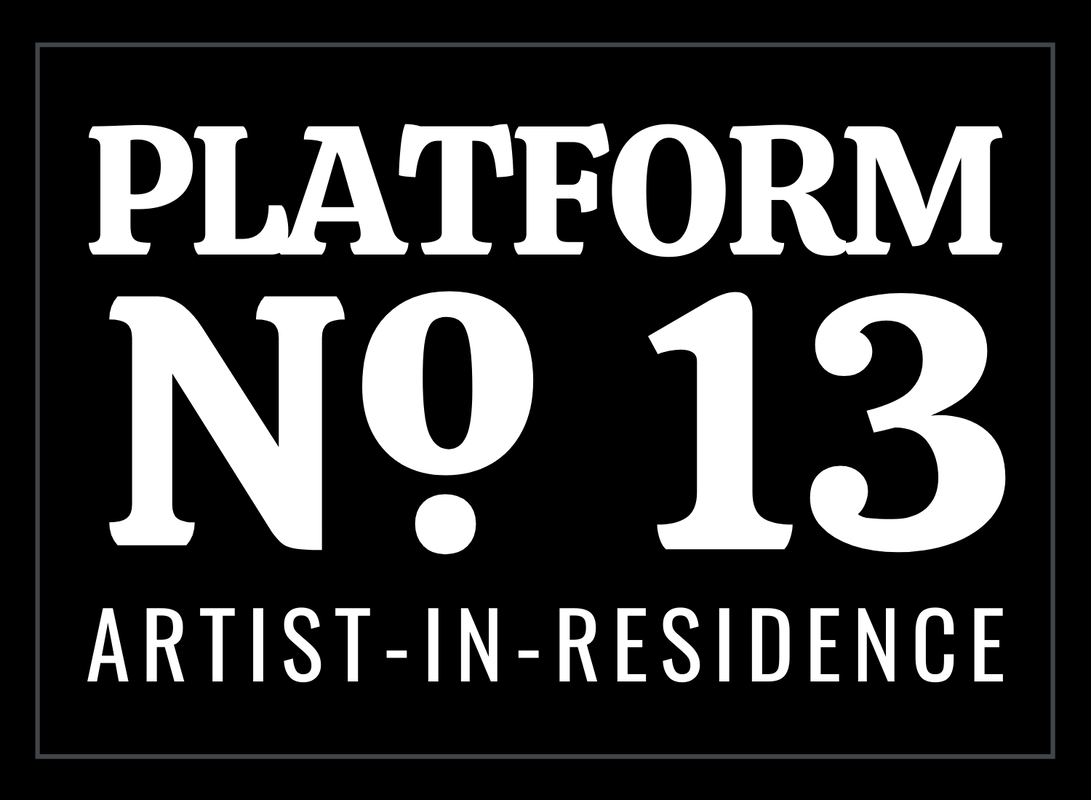 This is the logo for Platform No. 13. There is a black background with the text 'Platform No. 13 Artist-In-Residence'. There is a very think grey border around the text.